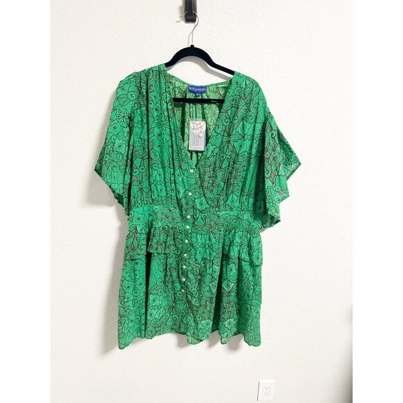 Ro's Garden Green Dulce Dress Tiered Butterfly Sleeve Ruffle Button Up V Neck XL - Picture 3 of 9